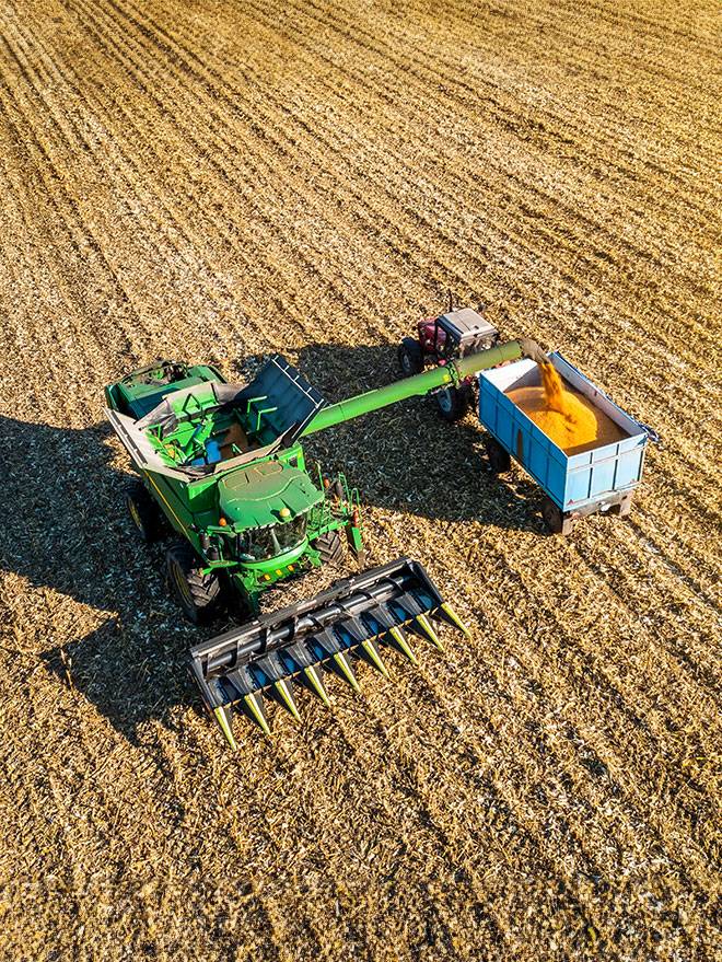 A farming Combine collecting crops into truck